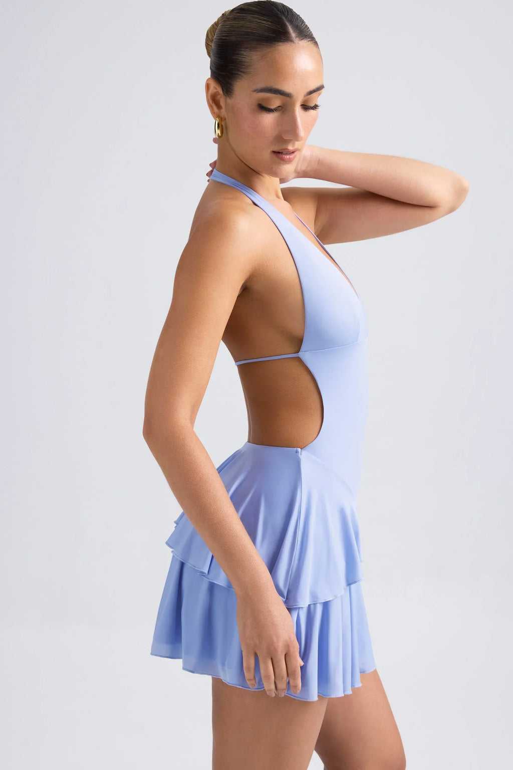 Ruffled Cut-Out Halterneck Mini Dress In Periwinkle Blue