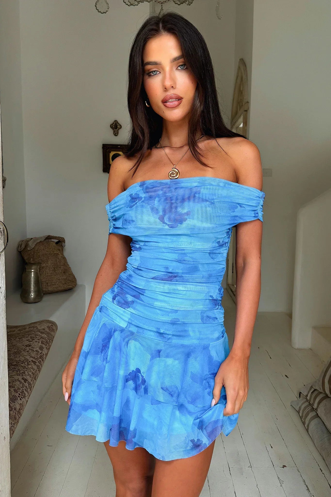 Selah Off Shoulder Mini Dress - Blue Floral