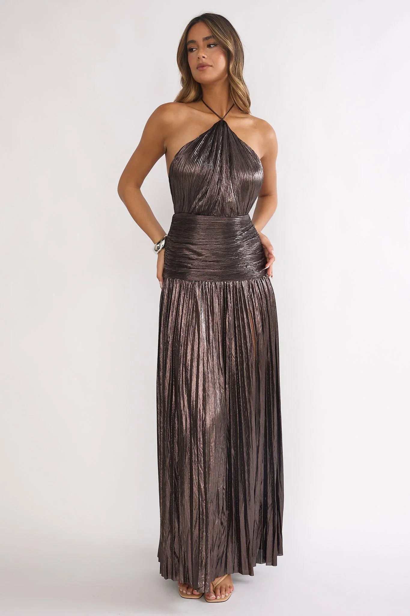 Ahmara Drop Waist Accordion Pleat Maxi Dress Gunmetal
