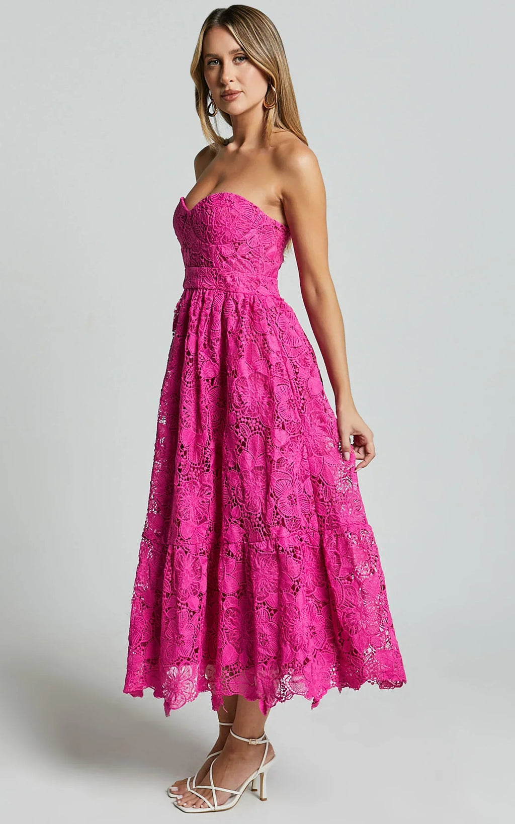 Gabriela Midi Dress - Strapless Lace Dress In Magenta