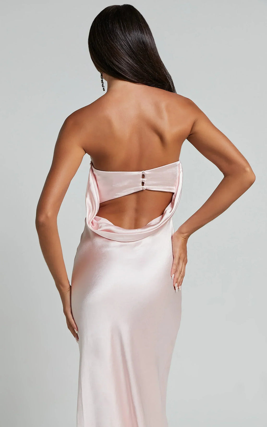Charlita Maxi Dress - Strapless Cowl Back Satin Dress In Pale Pink