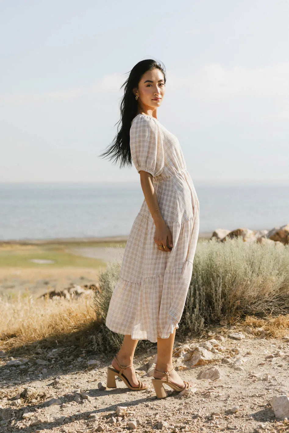 Melina Plaid Midi Dress In Taupe Final Sale
