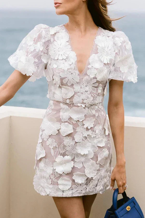 Elegant Floral Embroidered Mini Dress For Women