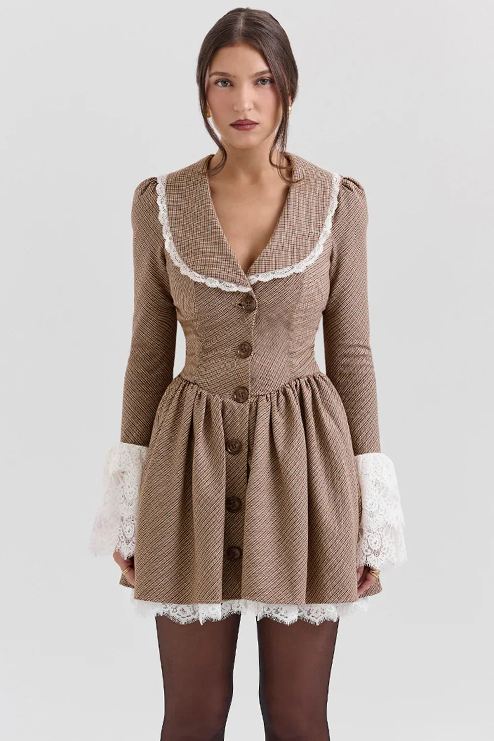 Sable-Brown Puppytooth Check Mini Dress - Sale