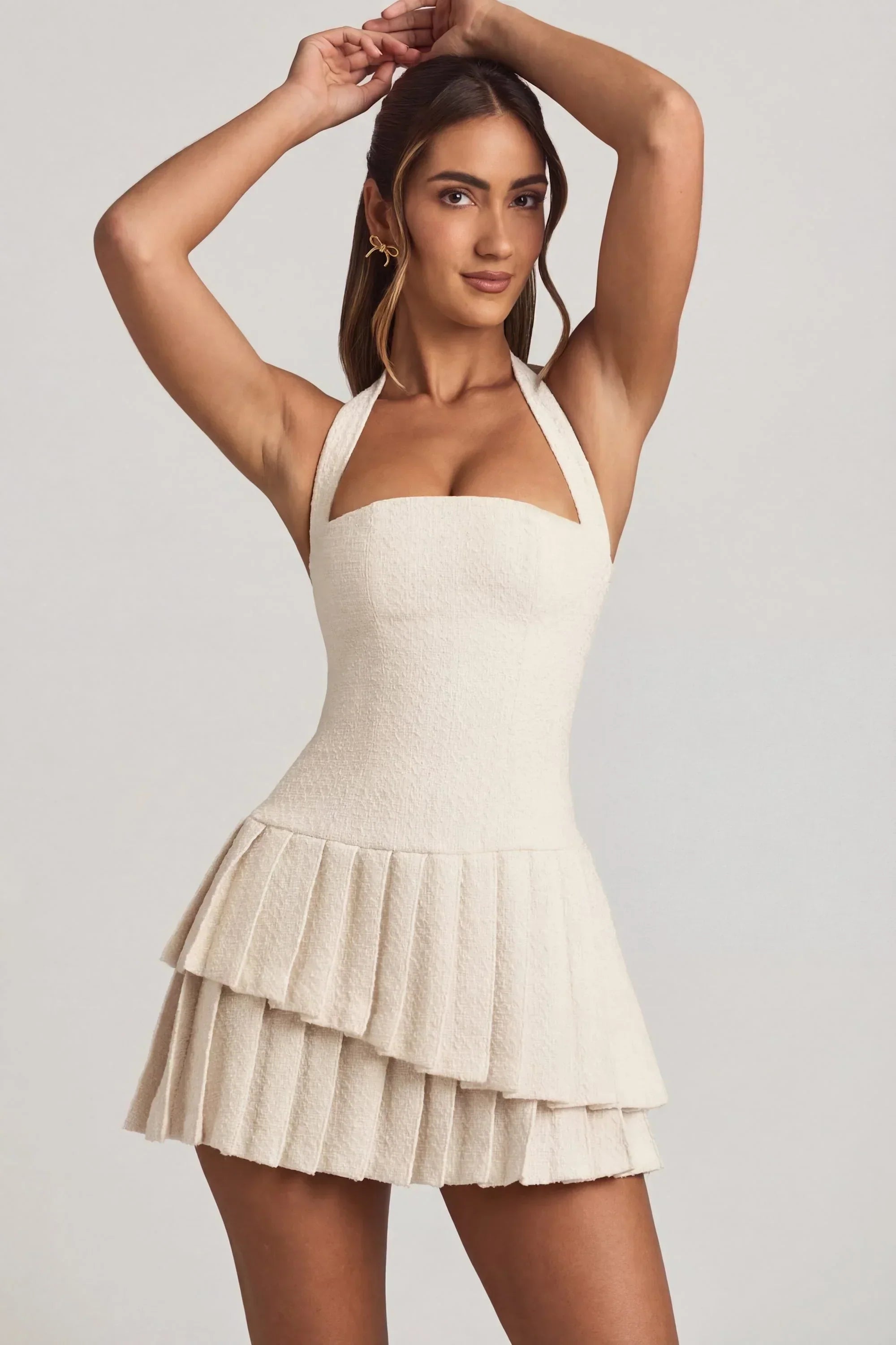 Asymmetric Layered Halterneck Mini Dress In Ivory