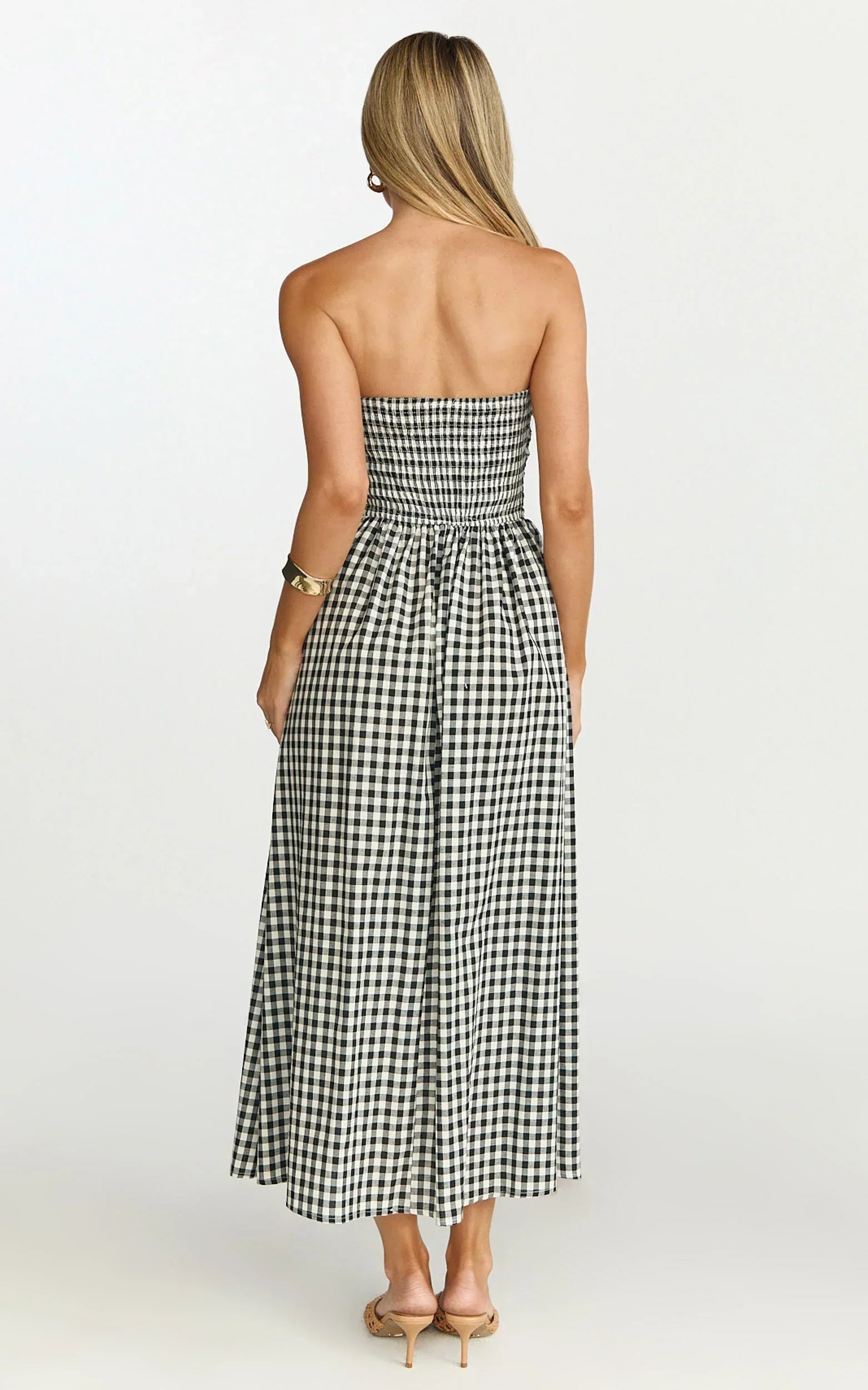 Polly Midi Dress - Strapless Ruched Dress In Black Check