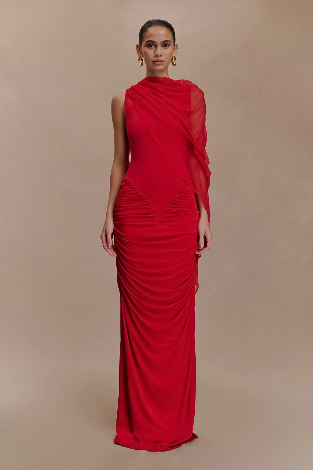 Amandine Ruched Slinky Maxi Dress - Ruby