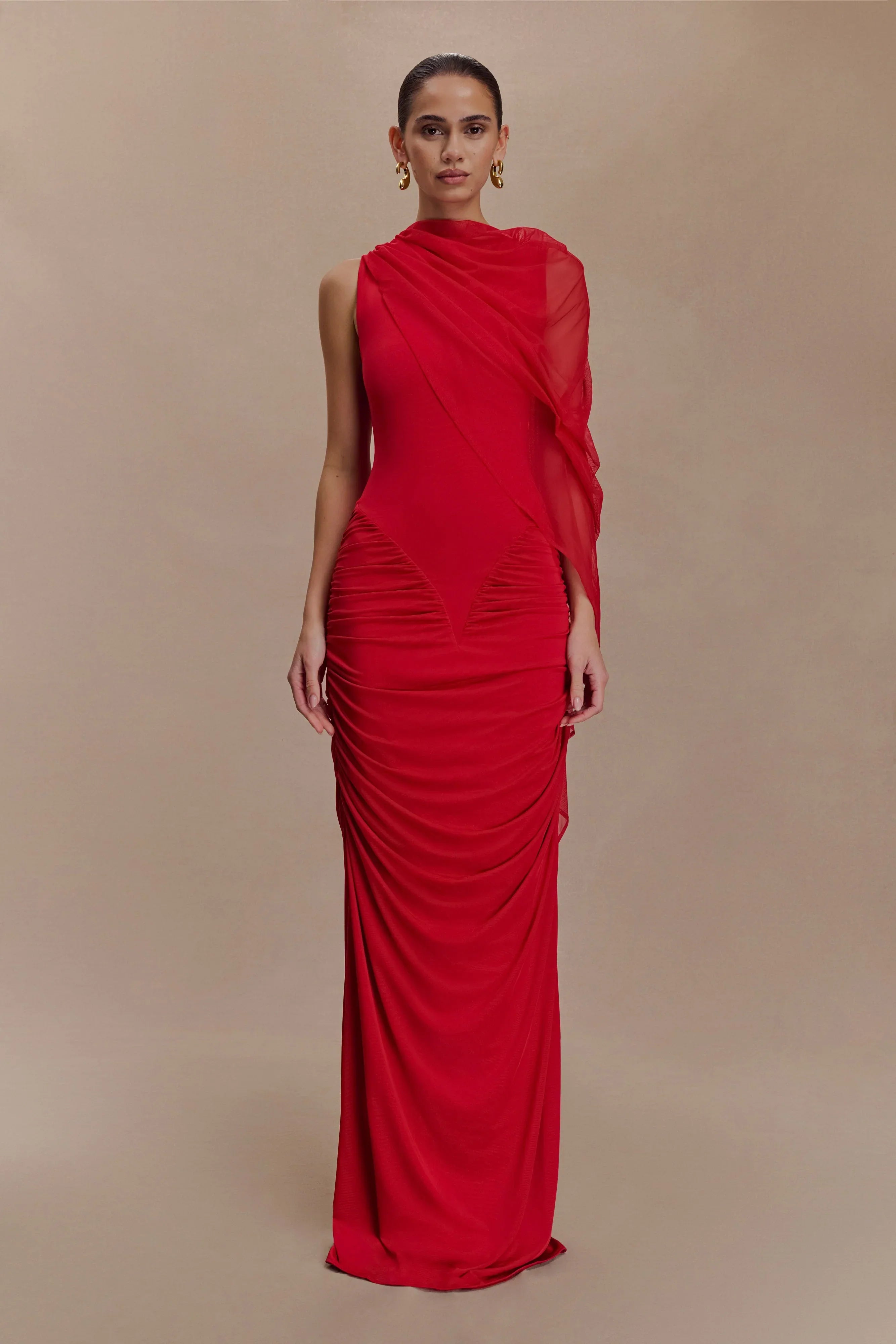 Amandine Ruched Slinky Maxi Dress - Ruby