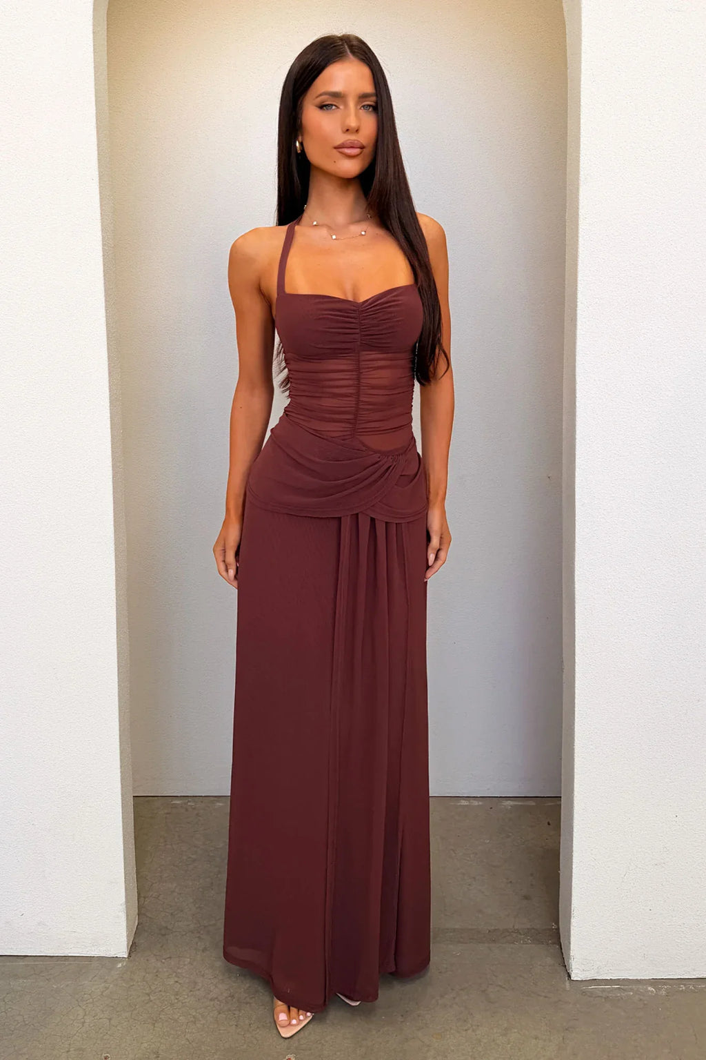 Gabrielle Haleterneck Mesh Maxi Dress - Brown