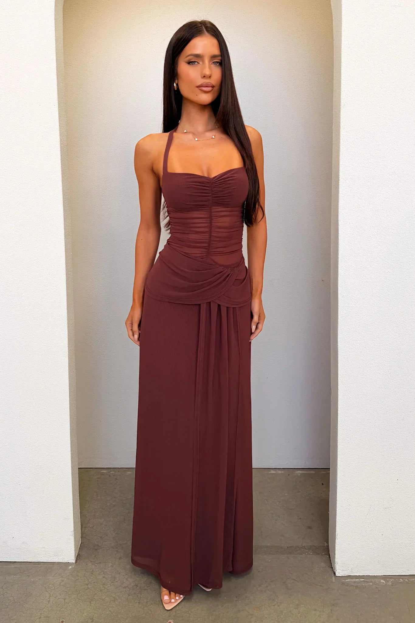 Gabrielle Haleterneck Mesh Maxi Dress - Brown