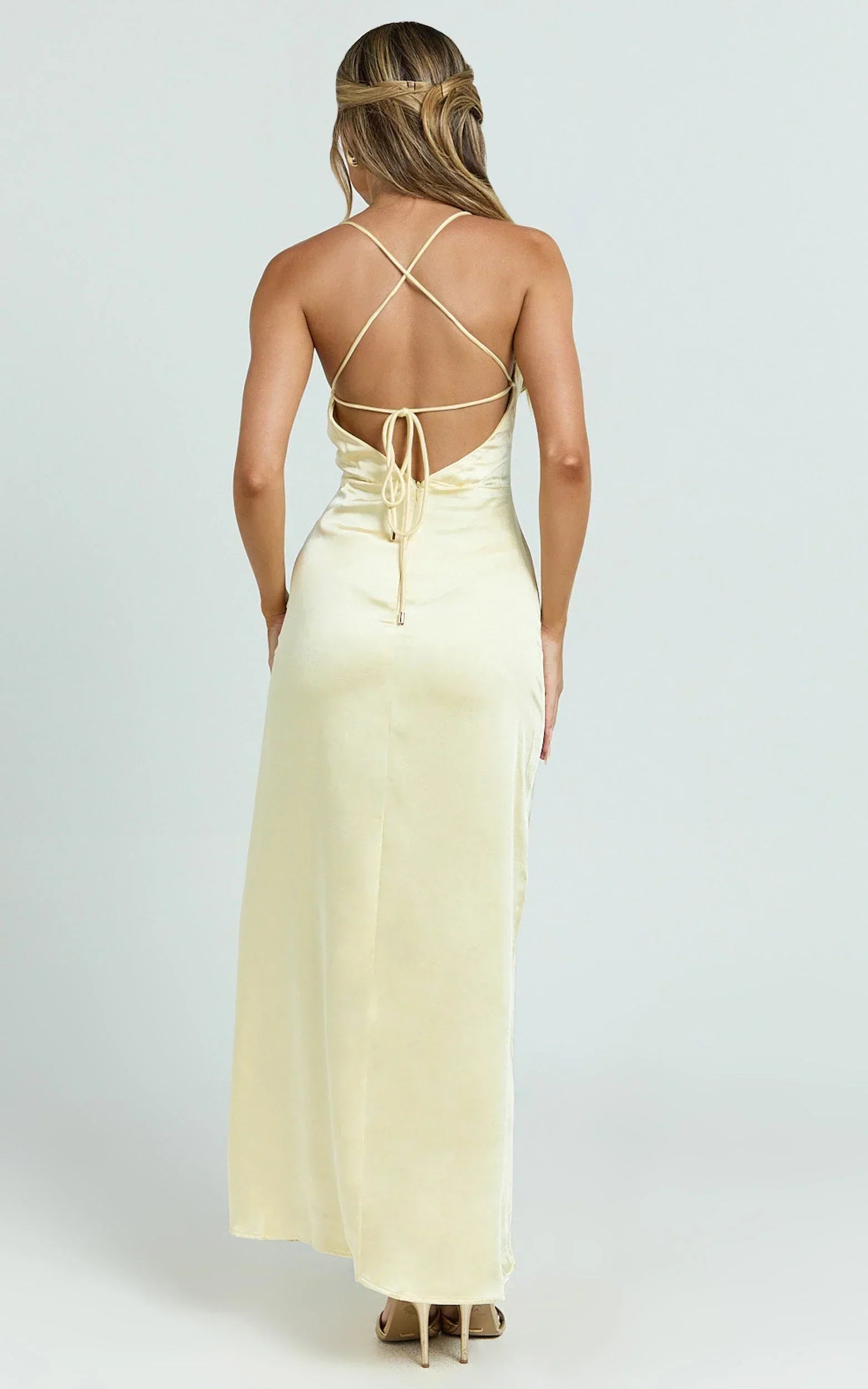 Heidi Maxi Dress - Satin Ruched Bust Tie Back Dress in Lemon