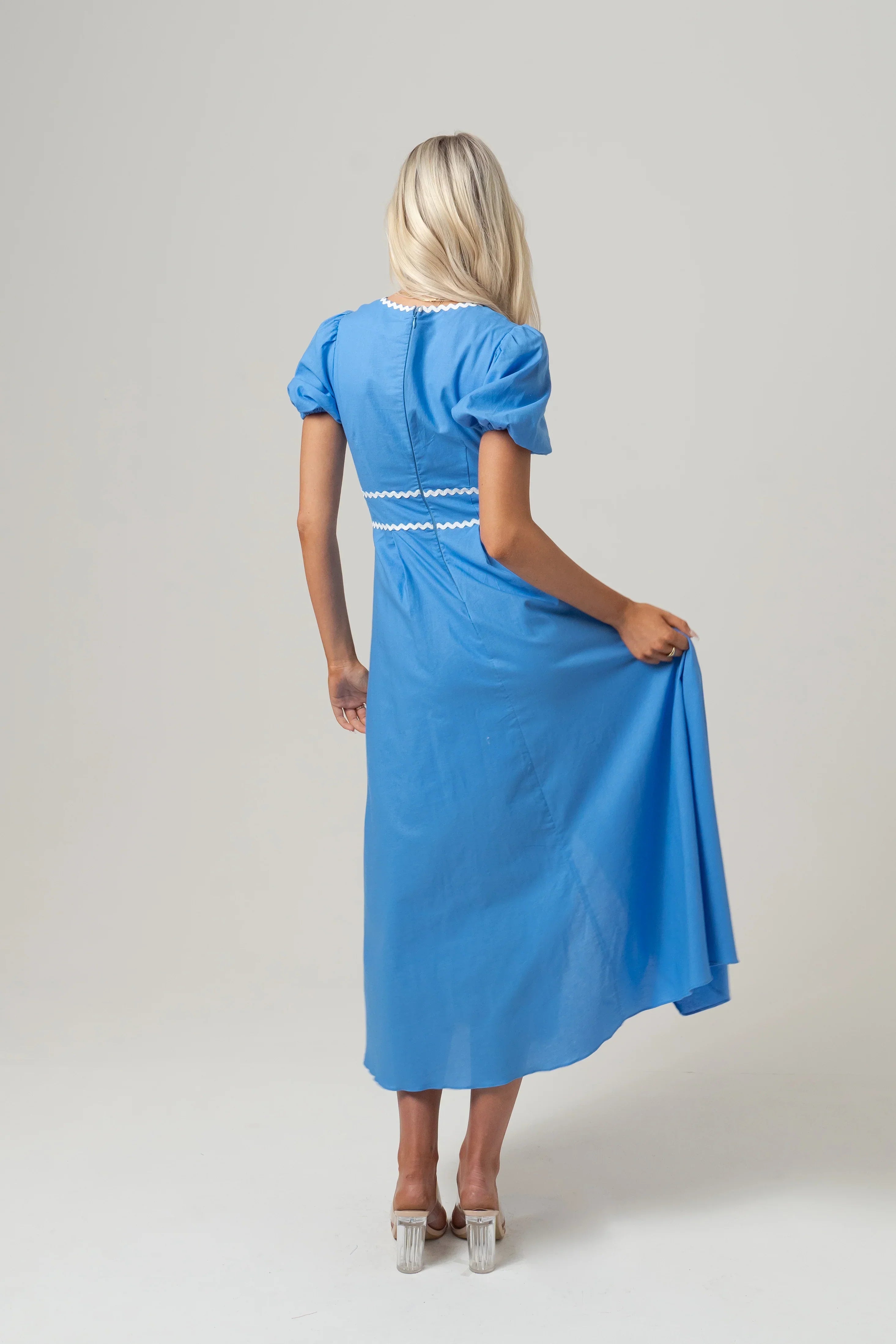 Eden Puff Sleeve Blue Midi Dress With Ric Rac Trims