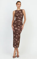 Loralie Midi Dress - Mesh High Neck Bodycon Dress In Chocolate Blurred Print