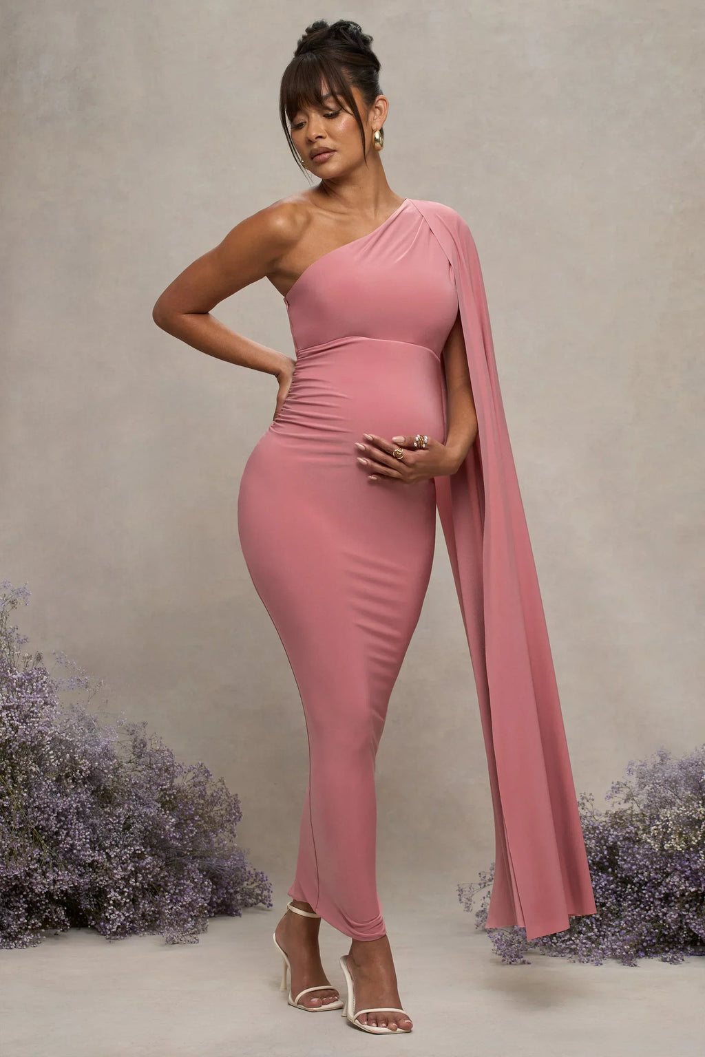 Amaryllis | Blush Pink Maternity One Shoulder Maxi Dress With Cape Sleeve