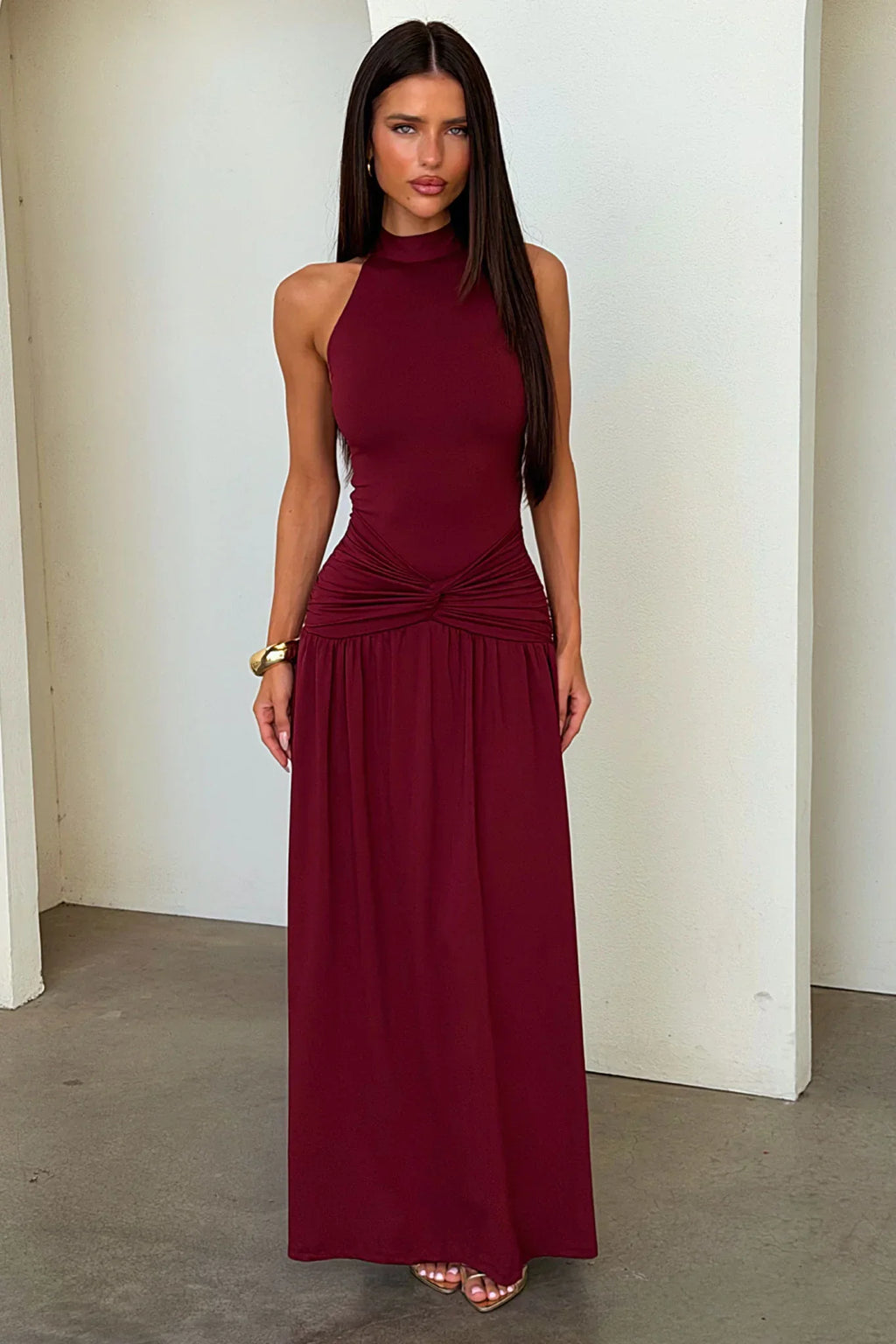 Tallulah High Neck Maxi Dress - Burgundy